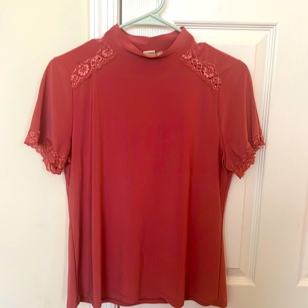 Pink Petite Polyester Turtleneck w. Floral Accents